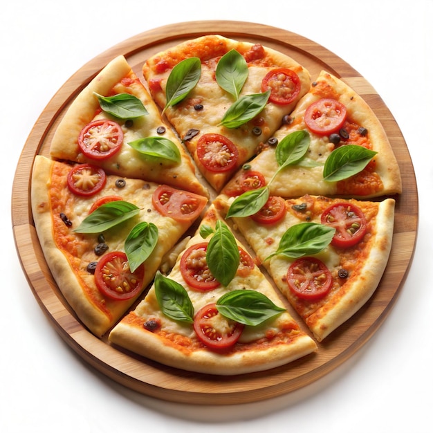 Delicious pizza on wooden plate in white background