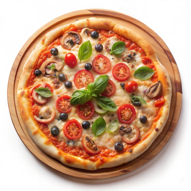 Delicious pizza on wooden plate in white background