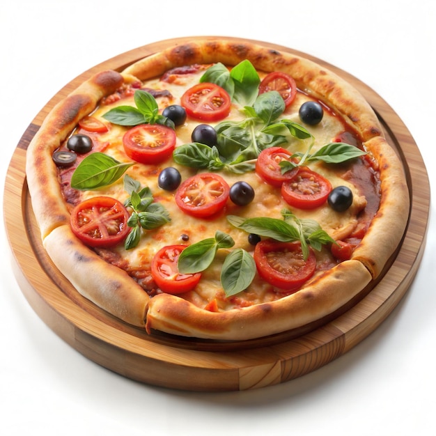 Delicious pizza on wooden plate in white background