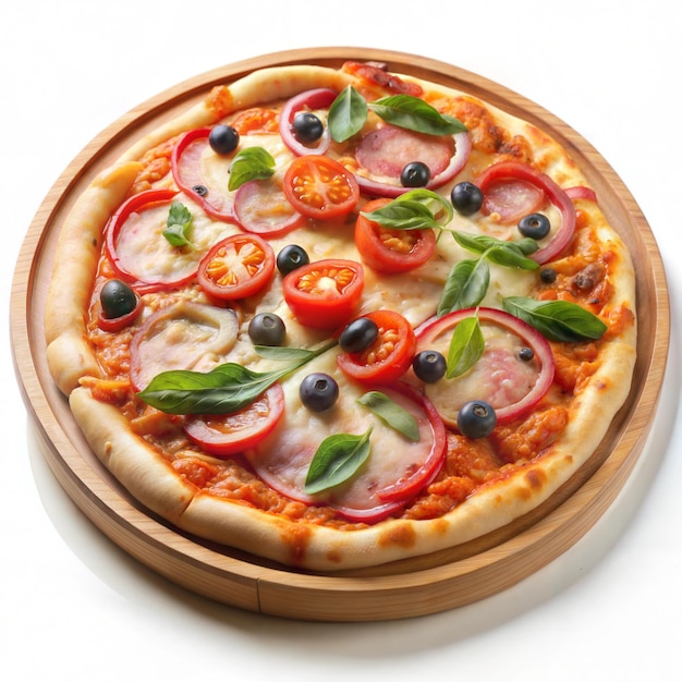 Delicious pizza on wooden plate in white background