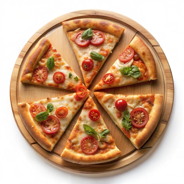 Delicious pizza on wooden plate in white background