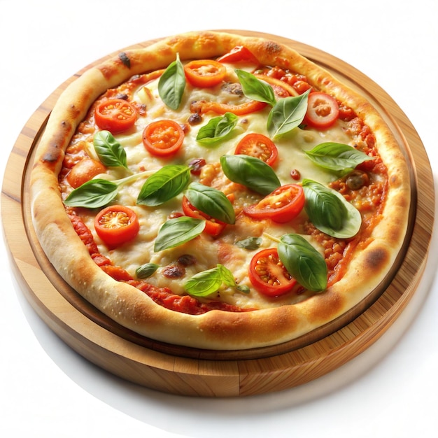 Delicious pizza on wooden plate in white background