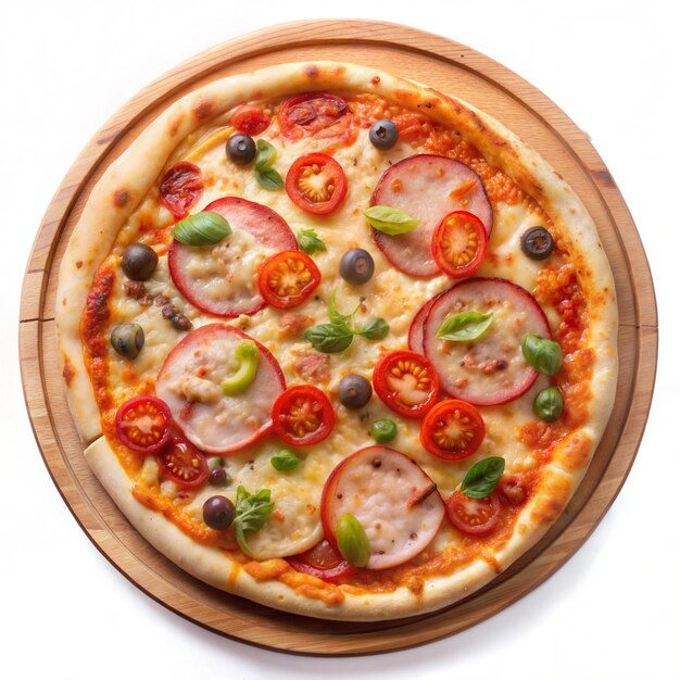 Delicious pizza on wooden plate in white background