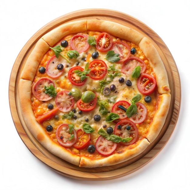 Delicious pizza on wooden plate in white background