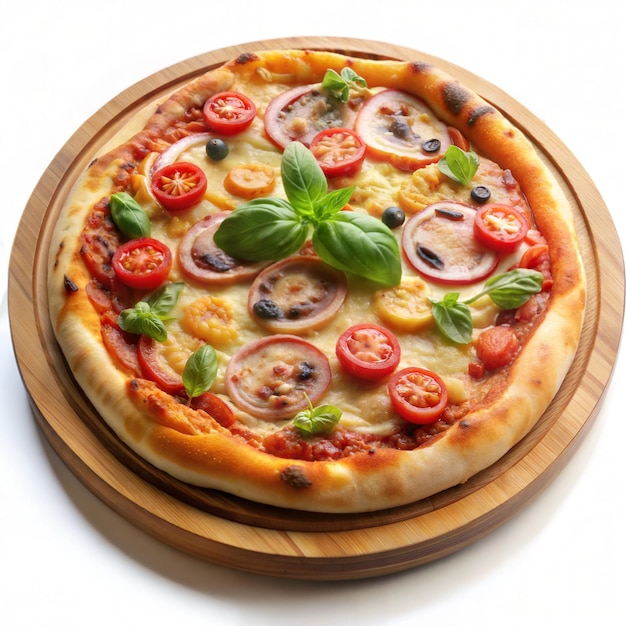 Delicious pizza on wooden plate in white background