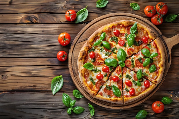 Delicious Pizza on Wooden Table with Fresh Basil and Tomatoes Rustic Food Photography Copyspace