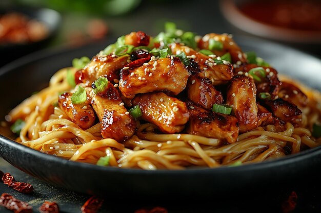 A delicious plate of chicken noodles garnished with green onions and sesame seeds