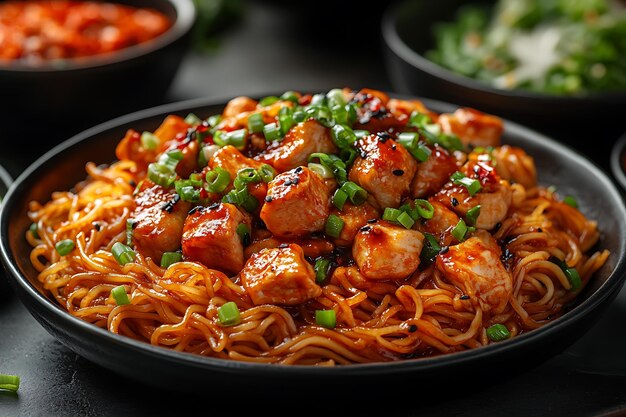 A delicious plate of chicken stirfry on noodles garnished with green onions