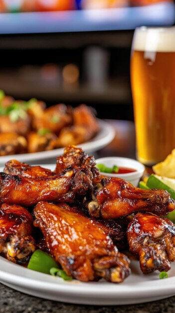 Photo a delicious plate of chicken wings paired with a cold beer sits on a table as an exciting football game plays on a bigscreen tv in the background