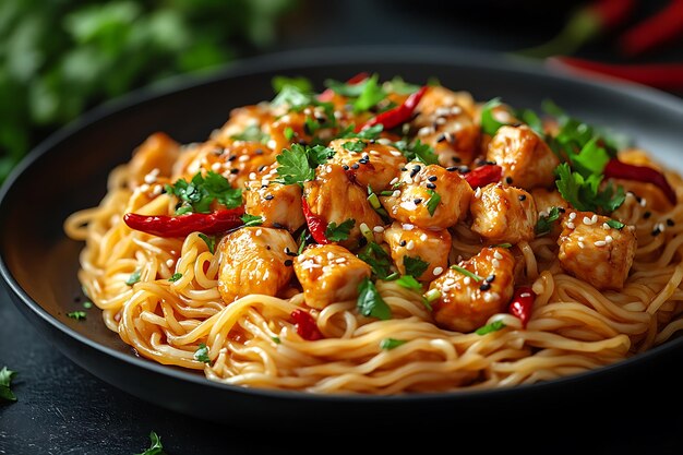 A delicious plate of noodles topped with chicken peppers and herbs