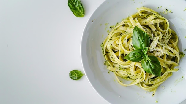 Photo a delicious plate of pasta with fresh basil leaves garnished on top this image captures the essence of italian cuisine perfect for food lovers and culinary enthusiasts ai