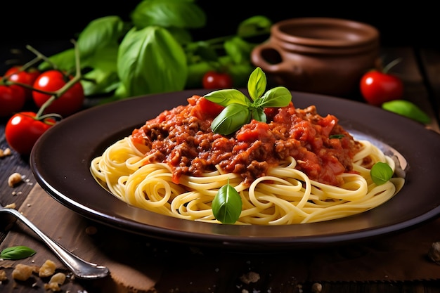 A delicious plate of pasta with meat and tomatoes perfect for food blogs