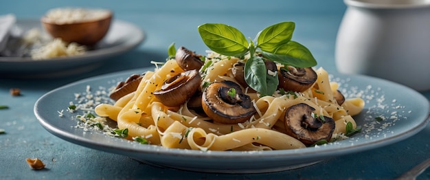 A delicious plate of pasta with savory mushrooms adorned with grated parmesan cheese and garnished with fresh basil leaves is presented on a serene light blue background