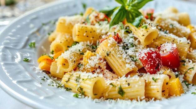 Photo a delicious plate of pasta with tomatoes basil and cheese the pasta is cooked to perfection and the sauce is flavorful and light