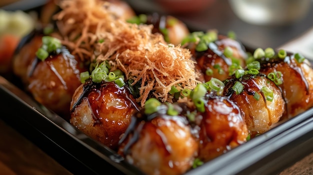 Photo a delicious plate of takoyaki topped with green onions and bonito flakes