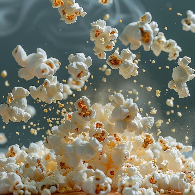 delicious popcorn exploding on a air with isolated background close up shot generated by AI