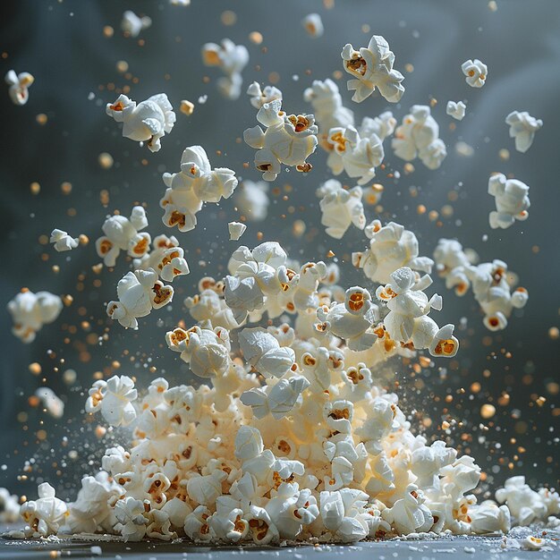 delicious popcorn exploding on a air with isolated background close up shot generated by AI