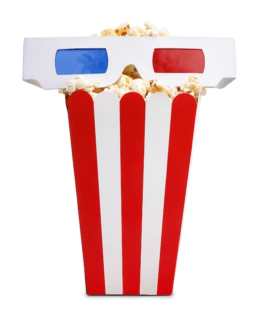 Delicious popcorn in paper popcorn bucket isolated on white