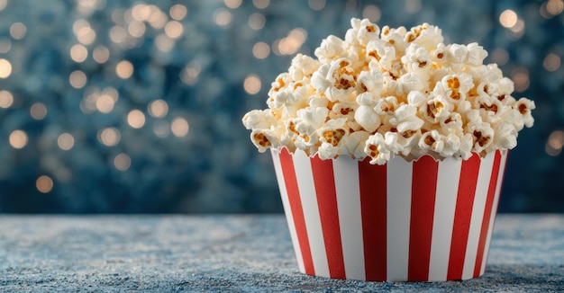 Delicious popcorn in a red and white striped container