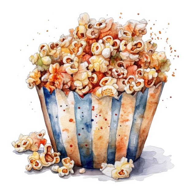 Delicious Popcorn in Watercolor on White Background