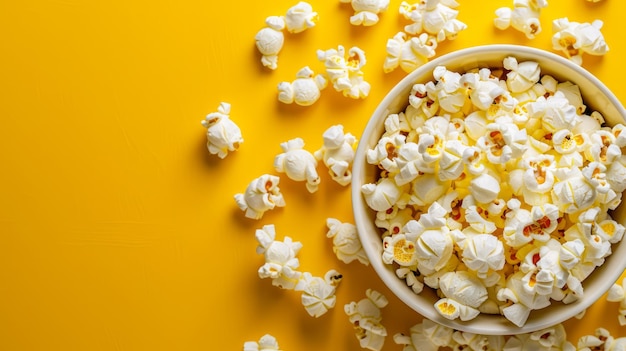 Delicious Popcorn in White Ceramic Bowl on Yellow Background with Kernels Scattered Around Freshly