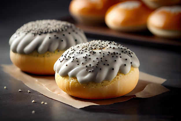 Delicious poppy seed buns with delicate glaze and icing