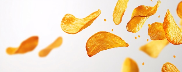 Delicious potato chips falling through the air on white background