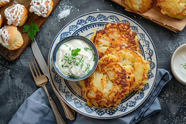 Photo delicious potato pancakes with sour cream and herbs on a rustic plate concept of comfort food