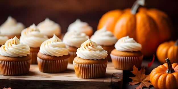 Delicious Pumpkin Cupcakes with Cream Cheese Frosting and Cinnamon Dust on a Table Concept Fall Treats Pumpkin Spice Baking Ideas Dessert Photography Autumn Flavors