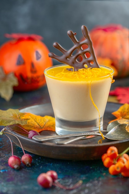 Delicious pumpkin Panna cotta with orange jelly served with zest and chocolate decor