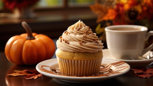 Delicious Pumpkin Pie Cupcake on a Beautiful Scene AI Generated