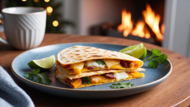 Photo delicious quesadilla with mango slices in a cozy kitchen setting