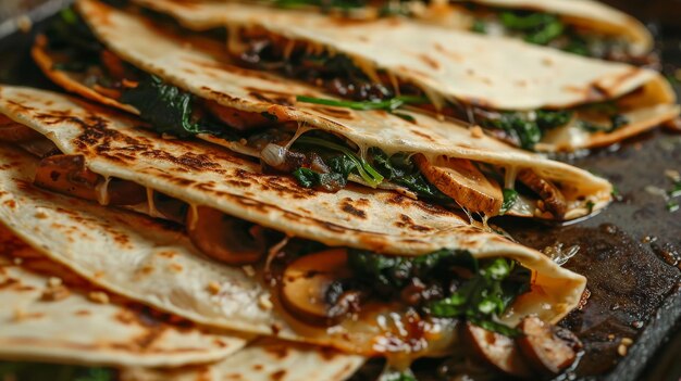 Photo delicious quesadillas being cooked on a griddle filled with mushrooms and spinach