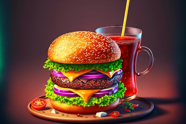 Delicious quick aetizer of meat burger with vegetables and sauce with drinks