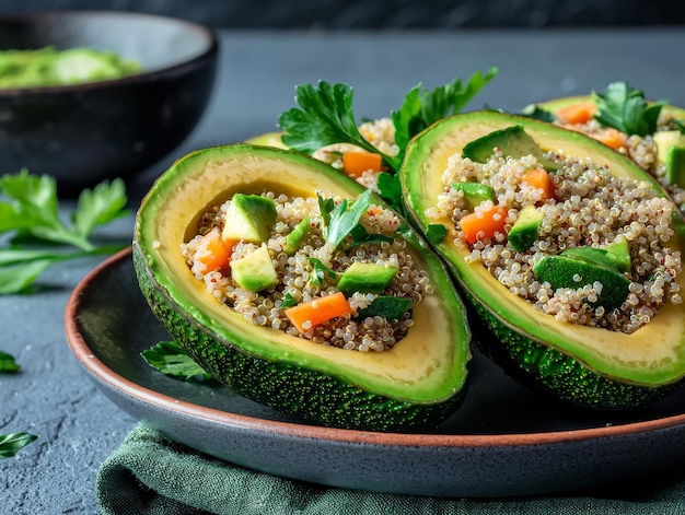 Photo delicious quinoa stuffed avocado halves with carrot and parsley healthy brain food recipe