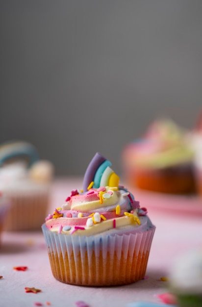 Delicious rainbow cupcake still life