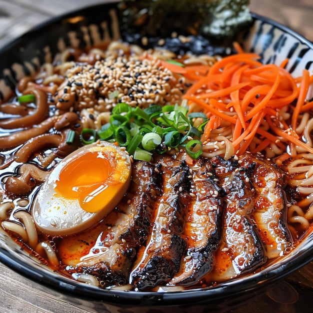 Delicious Ramen Noodles with Pork Egg Carrots Green Onions and Sesame Seeds