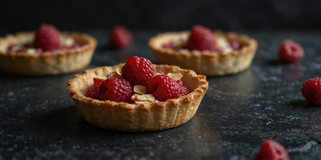 Delicious raspberry almond tarts on dark slate background