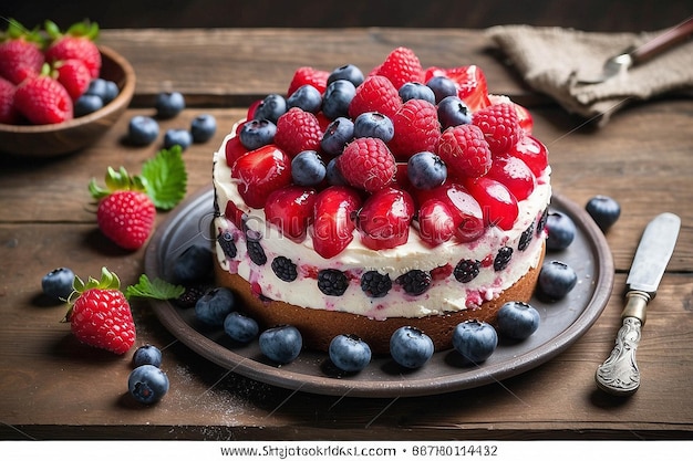 Photo delicious raspberry cake with fresh strawberries raspberries and blueberries on wooden table