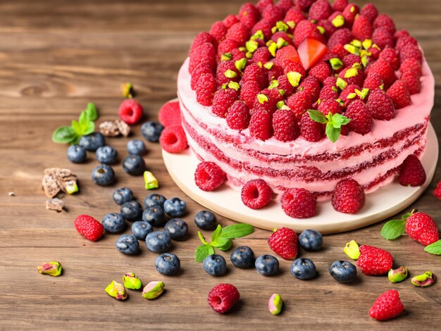 Delicious raspberry cake with fresh strawberries raspberries blueberry currants and pistachios