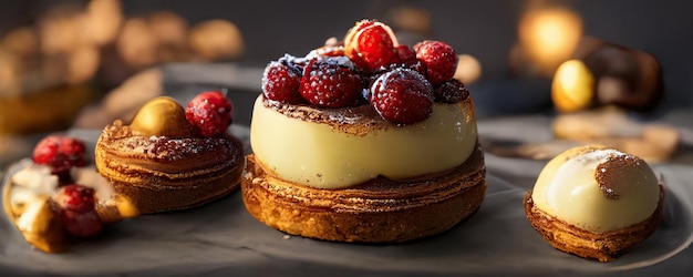 Delicious raspberry dessert with vanilla cream. 3drender generated with ai