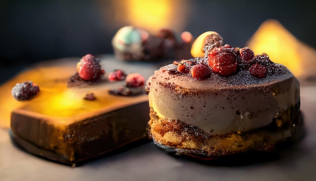 Delicious raspberry dessert with vanilla cream. 3drender generated with ai