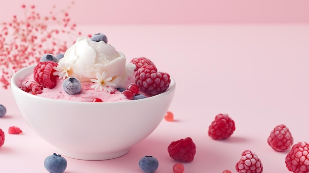 Delicious Raspberry Ice Cream in a White Bowl with Berries and Nuts