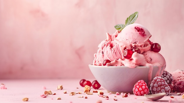 Delicious Raspberry Ice Cream in a White Bowl with Berries and Nuts