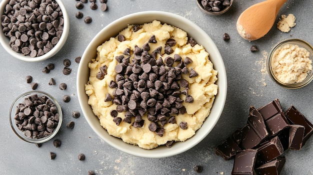 Delicious Raw Dough with Chocolate Chips in Mixing Bowl and Ingredients