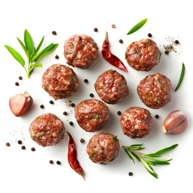 Photo delicious raw meatballs with fresh herbs and spices on white background perfectly arranged ingredients showcasing culinary art and food styling ideal for cooking blogs websites and cookbooks ai