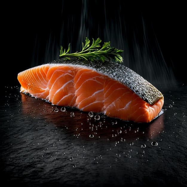 Delicious raw salmon fish on black background 3d illustrated