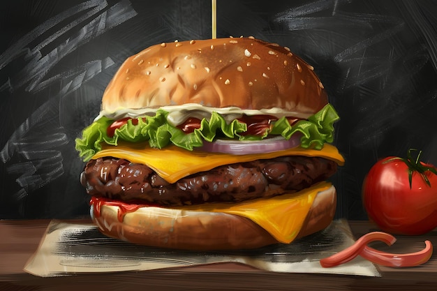 Delicious realistic burger on chalkboard background