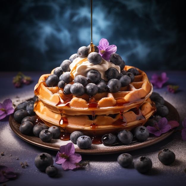 Delicious realistic waffle dessert restaurant food on the dark background