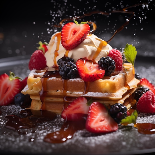 Delicious realistic waffle with fruits dessert restaurant food on the black background